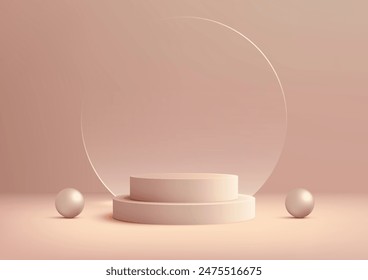 Podio rosa 3D con fondo de cristal circular y bolas brillantes, ambiente lúdico y celebratorio para la exhibición del Producto, maqueta, sala de exposición y escaparate