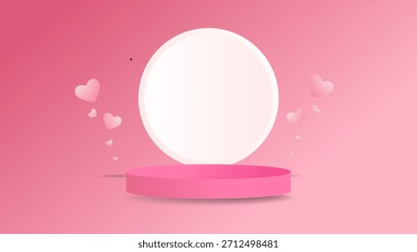 Un podio rosa en 3D y un fondo circular sobre un suave fondo rosa degradado, adornado con corazones flotantes y brillantes, perfecto para la exhibición de productos, el Día de San Valentín o temas románticos.