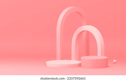 3d pink podium cylinder platform with curved arch backdrop for feminine cosmetic product presentation vector illustration. Realistic pedestal geometric elegant stage with sphere decorative element