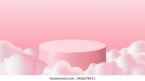 3D Pink Podium in Fluffy Clouds Background. Render Podium in Cloudy Scene. Abstract Platform in Pink Sky with Cartoon Clouds. Product Display Presentation Advertisement. Realistic Vector Illustration