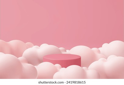 3d pink podium and minimal cloud white scene, Sky and heaven concept for product promotion with copy space. Tube pedestal minimalist trendy template. 3D render mockup Vector illustration.