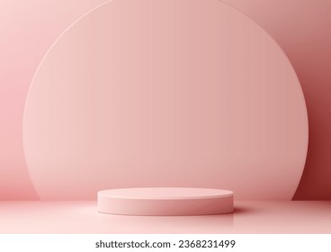 3D pink podium mockup features a soft pink background and a circle backdrop. It is perfect for showcasing products in a modern and elegant way. Vector illustration