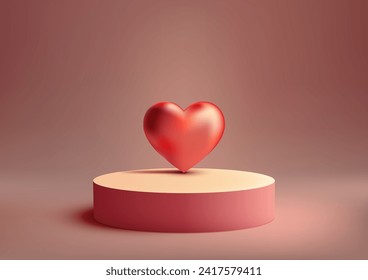 3D pink podium mockup. Minimalist design with a red heart backdrop puts your product in the spotlight for Valentine's Day. Vector illustration