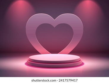 3D pink podium mockup. Minimalist design with a heart backdrop puts your product in the spotlight for Valentine's Day. Vector illustration