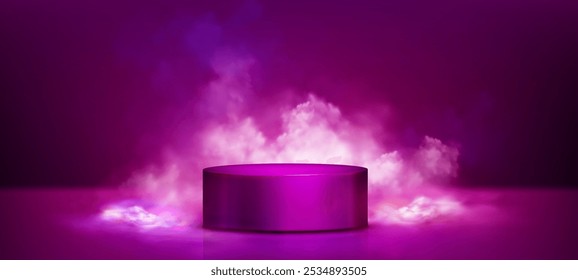 3d pink podium with neon light and cloud vector. Dreamy studio stage for cosmetic product. Nightclub energy pedestal for disco concert or music award backdrop with white smoke. Dark bg design