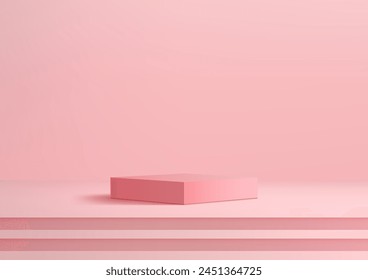 Podio rosa 3D en escalones escalera contra un fondo rosa., concepto moderno, exhibición de producto, maqueta, sala de exposición, escaparate. Ilustración vectorial