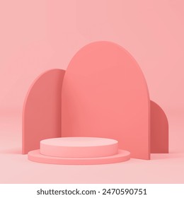 3d pink podium pedestal elegant mock up for cosmetic product show presentation realistic vector illustration. Pastel feminine cylinder display geometric semi circle wall background for advertising