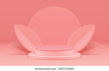 Escaparate femenino del pedestal del podio rosado 3d para la presentación del producto Ilustración vectorial realista. Elegante plataforma de cilindro neutro pastel con hojas decorativas y fondo de pared redondo para mostrar