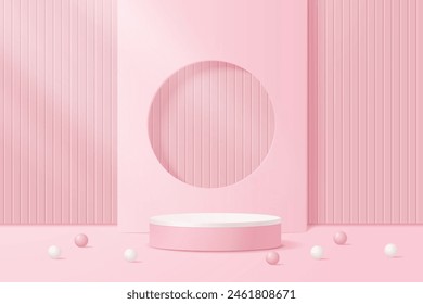 3d pink podium pedestal with round window and balls, product stand with pastel room background. Vector minimal mockup scene for product display.