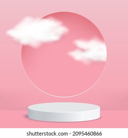 3d pink podium and realistic clouds minimal product display background, pink podium. Product visualization on the platform.