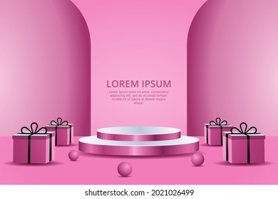 3D pink podium with realistic gift box for cosmetic products