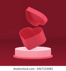 3d pink podium with red heart gift box festive presentation display realistic vector illustration. Trendy feminine cylinder pedestal with present surprise advertising holiday stand romantic package