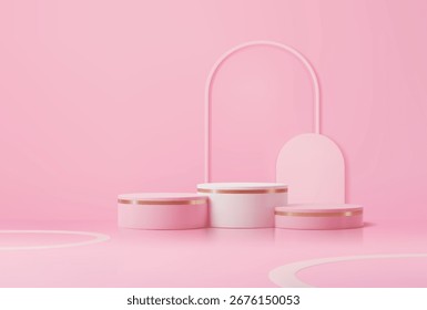 Estágio de pódio 3d Pink. Pedestais e arcos redondos realistas vetoriais para produtos de beleza e apresentação de cosméticos. Montagem de cena com anéis dourados e decoração arqueada. Fundo elegante para promoções de anúncios