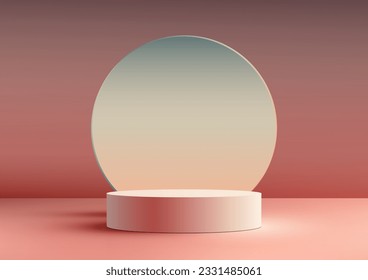 3D pink podium stand with circle backdrop on pink background, designed to enhance your product display and showcase. With its sleek and contemporary aesthetic, this vector illustrator