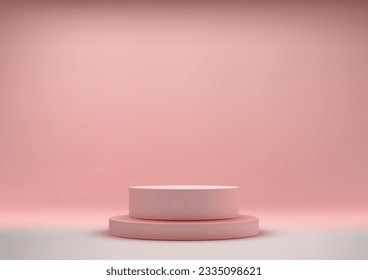 3D pink podium steps stand on a white floor and soft pink background is a minimalist mockup for product display. It is perfect for showcasing your products in a modern. Vector illustration