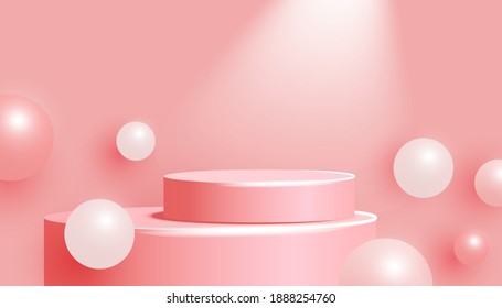 3D pink podium with steps and volumetric bubble on a pink background. Vector background with spotlight from above. Minimal scene. Horizontal minimal poster, flyer, greeting card, header for website