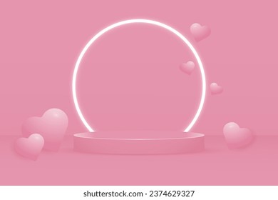 3D pink podium for Valentine's Day with neon glow and dimensional pink hearts.. A vector template for presenting products, promotions, and shopping with a Valentine's Day love theme.Abstract geometric