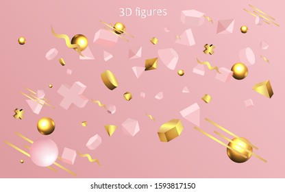 3D pink primitives with golden metallic figures , realistic vector illustration. Elegant motion concept for web and print decoration, geometric luxury creative design 
