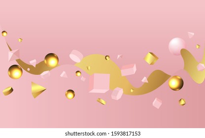 3D pink primitives with golden metallic figures , realistic vector illustration. Elegant motion concept for web and print decoration, geometric luxury creative design 