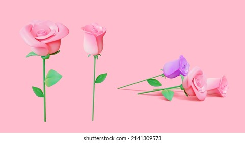 Colección de rosales rosadas y violetas 3d, aisladas en un fondo rosa claro. Adecuado para el Día de San Valentín o la decoración del Día de la Madre.