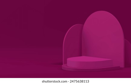 3d pink purple semi circle podium pedestal for product show presentation realistic vector illustration. Minimalist aesthetic showcase geometric shapes promo interior with angular wall background