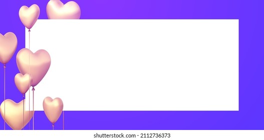 3d pink realistic balloons in heart shape. Horizontal frame with space for text. Valentine's day. Vector illustration.