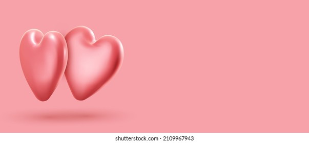 3d pink realistic pair of balloons in heart shape. Pink background with space for text. Valentine's day. Vector illustration.