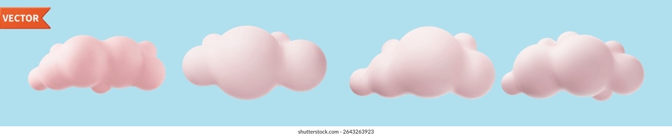 3d rosa realista nuvens simples conjunto isolado no fundo azul. Renderizar desenho animado redondo macio ícone nuvens fofo no céu. Ilustração vetorial