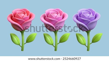 3d pink, red and purple roses isolated on a blue background. Plasticine roses. Romance design elements. Cartoon vector illustration
