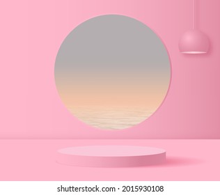 3d pink rendering with podium and minimal sea landscape, minimal product display background 3d rendered geometric with lamp pink pastel. Stage 3d render product in platform
