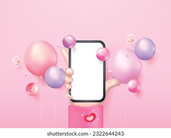 Mano de caricatura 3D moderna sosteniendo un smartphone con un globo rosa con un icono de la cinta, Campaña contra el cáncer de mama con un fondo rosado. Medios sociales y concepto de marketing. Ilustración del vector 3D