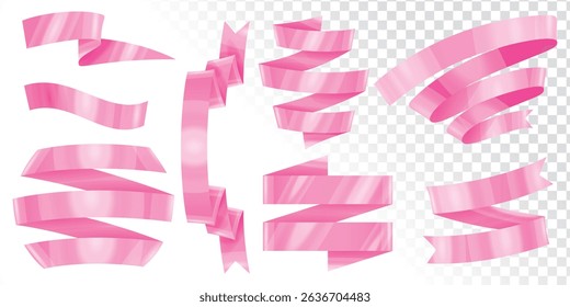 3D Pink ribbon banners collection. Big ribbons set. Ribbons collection isolated on white background. Royal ribbons set for promotion design. Vector graphic, stock illustration, girly vintage bow set.