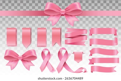 3D Pink ribbon banners collection. Big ribbons set. Ribbons collection isolated on white background. Royal ribbons set for promotion design. Vector graphic, stock illustration, girly vintage bow set.