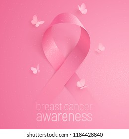 3D pink ribbon smoothly appears from a pink background. Realistic vector symbol of breast cancer awareness. Five butterflies circling around the sign. Conceptual poster with glittering effect.