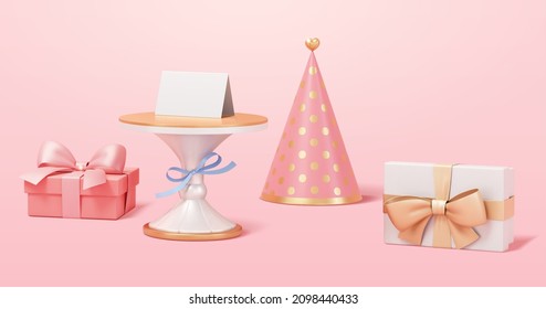 3d colección romántica rosa de objetos de vacaciones, incluyendo cajas de regalo envueltas, una carta en blanco en el puesto de tortas y sombrero de fiesta. Aislar sobre fondo rosado.