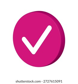 Vetor de marca de verificação redonda 3D rosa. Botão de círculo brilhante com tique branco. Símbolo de sucesso para status aprovado, resposta correta, votação, sinal de sim, validação, tarefa concluída, design magenta e feminino.