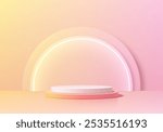 3D pink round podium background with semi-circle neon lighting backdrop. Abstract composition in minimalist design. Studio display showroom stands product pedestal, Fashion stage showcase mockup scene