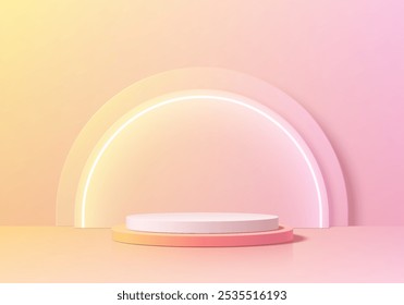 3D pink round podium background with semi-circle neon lighting backdrop. Abstract composition in minimalist design. Studio display showroom stands product pedestal, Fashion stage showcase mockup scene