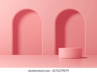 3D pink round podium background with arch gate backdrop. Abstract geometric composition in minimalist design. Studio display showroom stand product pedestal, Fashion stage showcase mockup wall scene.