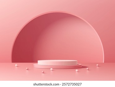 3D pink round podium background with semi circle gate backdrop. Abstract geometric composition in minimalist design. Studio display showroom stand product pedestal, Fashion stage showcase mockup scene