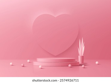 3D pink round podium background with heart backdrop in valentine theme. Abstract composition minimalist design. Studio display showroom cosmetic product pedestal, Fashion stage showcase mockup scene.