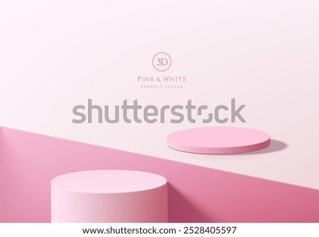 3D pink round podium background on floor and square groove. Abstract geometric composition in minimalist design. Studio display showroom stand product pedestal, Fashion stage showcase mockup scene.