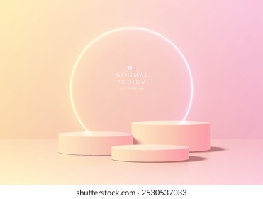 3D pink round podium with glow circle neon lighting background. Abstract geometric composition minimalist design. Studio display showroom stand product pedestal, Fashion stage showcase mockup scene.