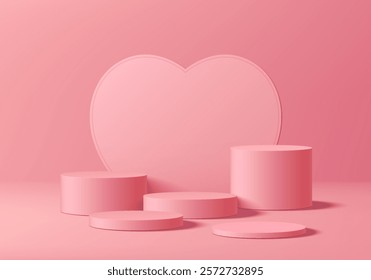 3D pink round podium set background in Valentine's Day concept. Abstract geometric composition in minimalist design. Studio display showroom stand product pedestal, Fashion stage showcase mockup scene