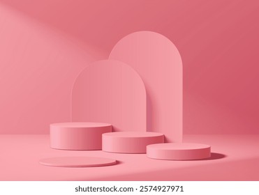 3D pink round podium set background in Valentine's Day concept. Abstract geometric composition in minimalist design. Studio display showroom stand product pedestal, Fashion stage showcase mockup scene