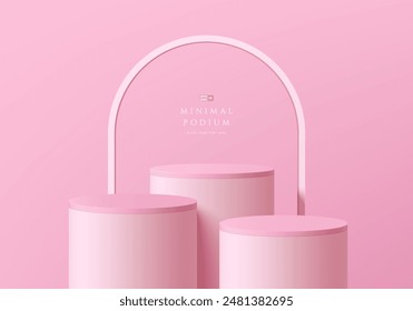 3D pink round product podium set background with arch frame backdrop. Abstract geometric composition in minimalist design. Studio display showroom product pedestal, Fashion stage showcase mockup scene