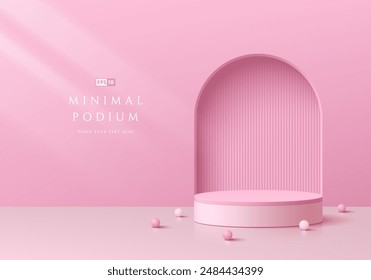 3D pink round product podium background with arch gate on the wall. Abstract composition in minimalist design. 3D studio display showroom cosmetic product pedestal, Fashion stage showcase mockup scene