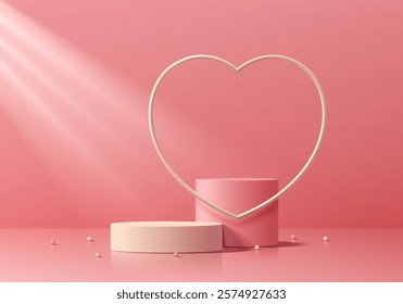 3D pink round product podium background with heart frame in valentine. Abstract composition in minimalist design. Studio display showroom cosmetic product pedestal, Fashion stage showcase mockup scene