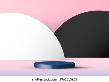 3D pink scene background with white cylinder podium and black and white circle backdrop paper cut style. You can use for display show cosmetic product, showcase, shop front. Vector illustration