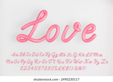 3D Pink Script Alphabet with numbers on light background. Cute Cursive Bubble font symbol vector illustration.